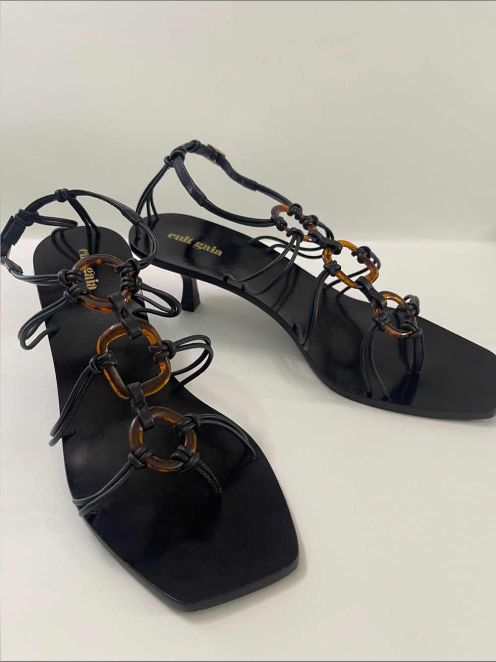 cult gaia Black Sandals with Tortoise Shell Ring Accents